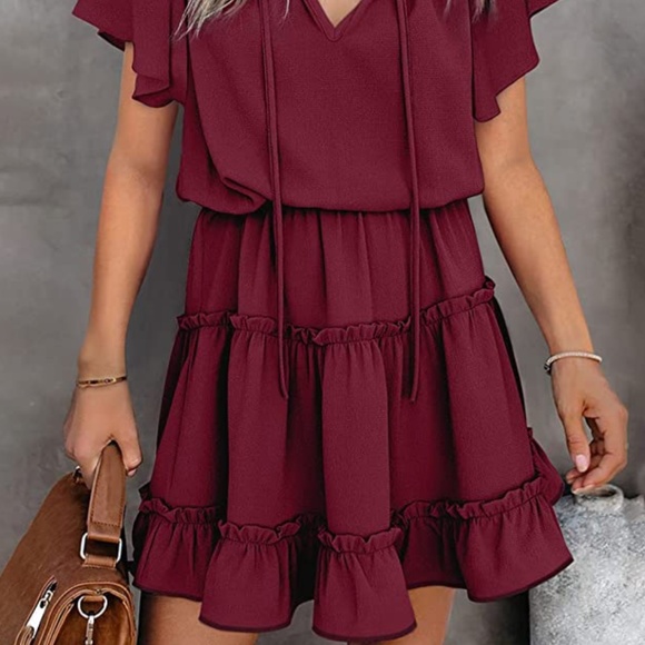 Aytitium Womens Drawstring V Neck Babydoll Dress Ruffle Chiffon Swing Mini Dress - Picture 4 of 5